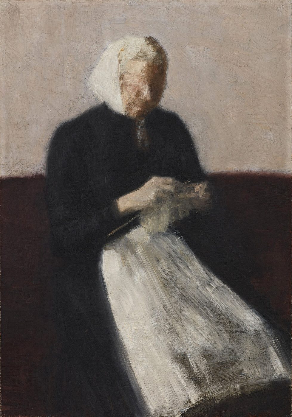 Strikkende kvinde. Kunstnerens moder by Vilhelm Hammershøi