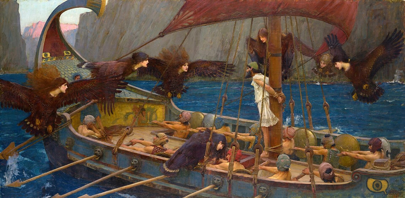 Birds with human faces surround a small sailing boat in Waterhouse’s painting.