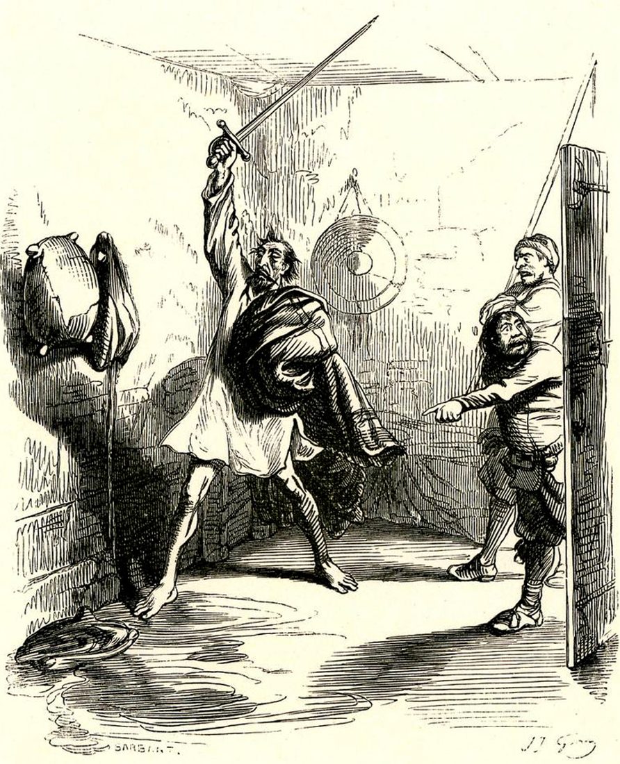 Don Quixote's fight with the red wine skins by J. J. Grandville